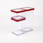 Rotho Loft Lot de 3 boîtes de rangement en plastique alimentaire (SAN) sans BPA, transparent/rouge, 1 x 0,5 l + 1 x 1 l + 1 x 1,5 l (21,2 x 11,4 x 23,5 cm)