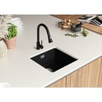 Primagran - Evier Sous Plan 46 x 47 cm Evier en Granit 1 bac + Siphon Classique, Lavabo Cuisine de Tout Noir