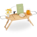 Plateau de baignoire, bambou et métal, extensible (69-90 cm), porte-livre, trou pour le vin, pieds, nature - Relaxdays