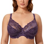 DELIMIRA Femme Soutien Gorge Grande Taille en Dentelle avec Armature sans Rembourré Prune Profonde 85F