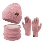 ZASFOU Femme Bonnet d’hiver Chapeaux Foulard Écran tactile Gants Set Bonnets tricot chaud cache cou pour homme,Rose Rouge