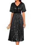 GRACE KARIN Femme Robe à Paillettes Trapèze Casual de Cocktail Élégante Mi-Longue Jupe Plissée Taille Haut Robe Vintage Légère S Noir