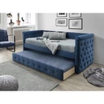 Vente-unique Lit banquette gigogne LOUISE - 2x90x190cm - Tissu bleu + matelas