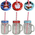 Christmas Set of 3 Novelty Mason Glass Jars with Handle Straw