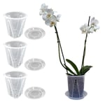 Lot de 3 Pots pour Orchidées en Plastique Rigide Transparent Diamètre 14 cm, Vases avec Trous de Drainage et Soucoupe