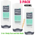 Dove MEN + Care SENSITIVE Skin Friendly 3 in 1 Body Face Hair Wash 400ml, 3 PACK