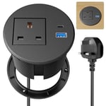 Desk Power Strip USB C PD20W, Desk Grommet Power Socket 80MM, Recessed Power Socket with USB, Desk Extension Lead 2M Extension Cord, Black