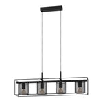 EGLO Suspension luminaire Catterick, lustre au design industriel à 4 lampes, lampe de plafond rectangulaire à suspendre pour salon et salle à manger, grillage en métal noir, douille E27