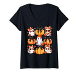 Womens Coquette Bow Pumpkin Cute Boo Ghost Halloween Coquette Girl V-Neck T-Shirt