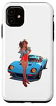 Coque pour iPhone 11 Anime et Manga Style Fille Posant Avec Voiture De Sport Bleu