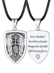 FaithHeart Archangel St Michael Necklace for Men, 925 Sterling Silver Michael Shield Charm Men's Leather Necklace Black, Catholic Jewelry