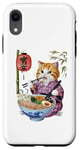 Coque pour iPhone XR Chat animé mignon en kimono mangeant des ramen Anime drôle