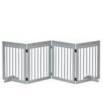 PawHut Freestanding Pet Gate 4 Panel Wooden Dog Barrier Folding Safety Fence with Support Feet up to 204cm Long 61cm Tall for Doorway Stairs Light Grey