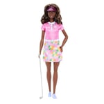 Barbie Golfeuse Poupée Brune vêtue d’Une Robe Polo Rose de Golf Amovible, avec visière et Club de Golf, JCR69