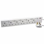 6 Gang Mains Extension Lead 6G Switched Socket 1 Metre Electric Cable 13A White