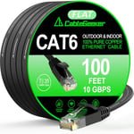 Cat 6 Ethernet Cable 100 ft, Indoor&Outdoor, High Speed 10Gbps Flat Internet Network Cable, Cat6 Ethernet Patch Cable Long, Black Computer LAN Cable with Clips & Straps for Router, Modem, PS4/5