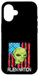 iPhone 16 Funny Alien UFO USA Flag and Green Alien Head Case