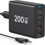 Chargeur Usb C, 200W 5-Port Station De Charge Hub Fast Compact Gan Adaptateur, Compatible Avec Macbook Pro/Air, Google Pixelbook, Thinkpad,Iphone 14/13/12 Series, Samsung Galaxy S23/S22/S21...