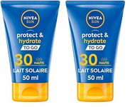 NIVEA SUN Lait solaire Protect & Hydrate format voyage FPS 30 (1 x 50 ml), Crème solaire hydratation 48H, Protection solaire à la formule agréable (Lot de 2)