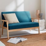 Banquette canapé en bois et tissu bleu pétrole. Isak. L 114 x P 69.5 x H 73cm