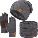 Ensemble bonnet, écharpe et gants pour homme, bonnet d'hiver thermique en laine avec doublure en polaire et écharpe de cou et gants pour écran tactile 3 en 1 Accessoires chauds de Noël.[G499]