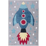 Kiddy Fun Children's Printed Design Woven Carpets Play Days Rocket In Grey Blue