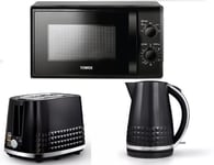 Tower Solitaire 1.7L Black Kettle, 2 slice Toaster & 20L T24034BLK Microwave Set