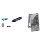 Bosch Professional GO Cordless Screwdriver (incl. 25-Piece bit Set, USB Charging Cable, L-BOXX Mini) + 7pc. Brad Point Wood Drill Bit Set (for Soft- and Hardwood, Ø 3-10 mm, Accessories)