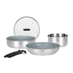 Sitram 716744 Batterie de Cuisine inox 5 pcs : 1 manche amovible, 1 casserole Ø18cm, 1 Poêle Ø28cm, 1 Sauteuse Ø24cm, 1 Couv verre - Revêtement Antiadhésif Sain en Céramique - Tous feux dont induction