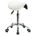 Tabouret Selle de Cheval Tabouret à roulettes réglable en Hauteur 45-61 cm en Cuir pu Blanc