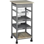 Homcom - Chariot de service desserte de cuisine à roulettes panier + 2 plateaux amovibles, tiroir, étagère mdf chêne clair bois pin gris