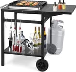 COSTWAY Outdoor Grill Dining Cart, Movable Pizza Oven Table Stand Trolley with Folding Side Table, Wheels and Gas Tank Hook, Double-Shelf Metal Worktable for Backyard Patio Garden