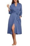 Lovasy Peignoir Long Femme en Tricot Gaufré Robes de Chambre Doux et Léger Longueur sous les Genoux Loungewear Col V avec Ceinture A Bleu(Petite Gaufré) S