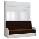 Armoire lit escamotable DYNAMO SOFA accoudoirs façade blanc brillant canapé marron 160*200 cm