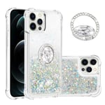 IMEIKONST iPhone 12 Pro Max Glitter Case with Diamonds Ring Kickstand, Liquid Sparkle Sequin Transparent for Girls Women Silicone TPU Bumper Shockproof Cover for iPhone 12 Pro Max. Love Silver YBZ