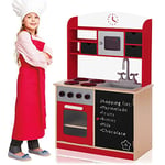 BAKAJI- Cuisine Bois Jouet pour Enfants avec Porte et tiroirs, Tableau Blanc, 60 x 30 x 90 cm, Rouge, 8054143003758