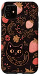 Coque pour iPhone 11 Marron Pop Art Paisley Mignon Rose Fraise Chat Imprimé