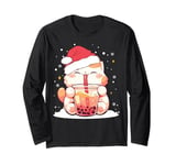 Cute Cat Boba Milk Bubble tea Christmas Santa Hat Funny Xmas Long Sleeve T-Shirt