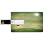 16G USB Flash Drives Credit Card Shape Surrealistic Memory Stick Bank Card Style Coneflower in the Field under Moon Sky Spring Blossoms Graphic Decorative,Pistachio and Fern Green Waterproof Pen Thumb