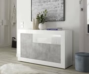 Dmora - Buffet Ledro, Buffet du Salon, Commode de Salon, Garde-Manger de Cuisine, Made in Italy, 138x42 h86 cm, Ciment et Blanc Brillant