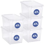 SmartStore 47L Clear Large Plastic Storage Boxes with Lids - Set of 5 - Transparent - Stackable and Nestable - 10 Year Guarantee- Food Safe and BPA Free -White Clip Locked - L59 x W39 x H31 cm, Grey