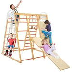 COSTWAY 8 en 1 Aire de Jeu en Bois Enfants avec Toboggan Réversible, Jeu d’Escalade Montessori avec Echelle, Balançoire, Rocher d’Escalade, Charge 240KG, 127x118x 138 cm, 1 an+