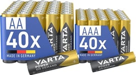 VARTA Piles 40x AA & 40x AAA, lot de 80, Power on Demand, Alcaline, Mix Pack, Emballage écologique, idéal pour Les Accessoires informatiques, Smart Home, Made in Germany [Exclusif sur Amazon]