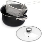 24cm 9" Non Stick Pan Deep Fat Fryer Pot Black Plain/Marble  Basket Lid Set