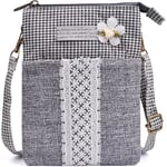 Liten Crossbodyväska för Kvinnor Canvas Mobiltelefonväska Damernas Nationella Mönster Handväskor Flickor Mini Axelväska Plånbok Myntpåse Black Grey