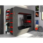 Vente-unique Lit mezzanine gamer 90 x 200 cm - Avec bureau et rangements - Avec LEDs - Anthracite et rouge + matelas - WARRIOR