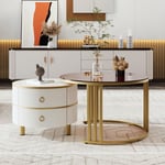 Lot de 2 Table basse gigogne ronde, 70x50 cm - avec plateau en verre brun, 2 tiroirs, design moderne - blanc