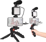 Smartphone Vlog Kit Mini Lampe Vidéo LED + Microphone Cardioïde + Clip Téléphone Extensible + Trépied avec Luminosité Réglable pour Live Stream Vlog Vidéo Shooting Vidéo Conférence Selfie