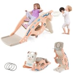 COSTWAY 4 en 1 Toboggan Enfants avec 3 Modes & Motif d'ours, Cheval à Bascule Intérieur Extérieur avec Panier de Basketball & Ballon, Charge 50kg pour Enfants de 1-4 Ans, 93x65x46,5cm