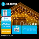 10m varm vit batteri istapp ljusslinga - 200 LED, 50 rader, 60cm hög, 8 ljusspel, IP44, transparent kabel